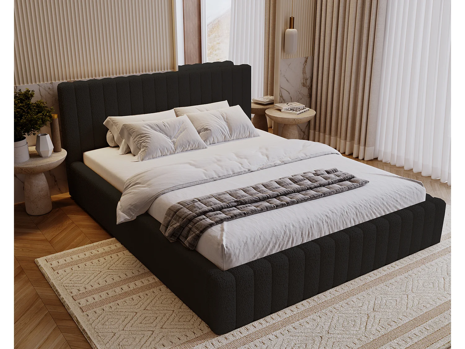 Emporius Lit Rembourré 200x200 cm Billo - lit double avec Rangement, Tête de Lit - Lit adulte, Chambre d'Adolescent - Bouclé Noir (Anthology 19)