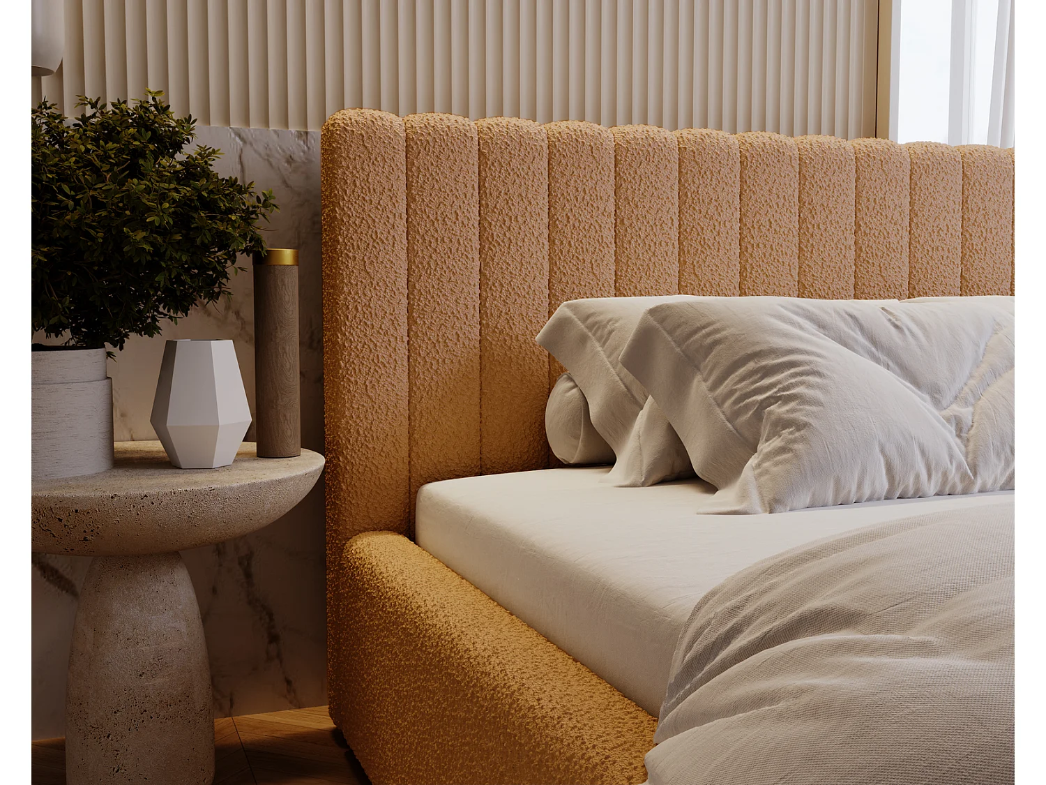 Emporius Gestoffeerd Bed 140x200 Billo - Lattenbodem, Opbergruimte, Beddengoedbox, Hoofdeinde, Bedframe - Tweepersoonsbed - Boucle Oranje (Anthology 10)