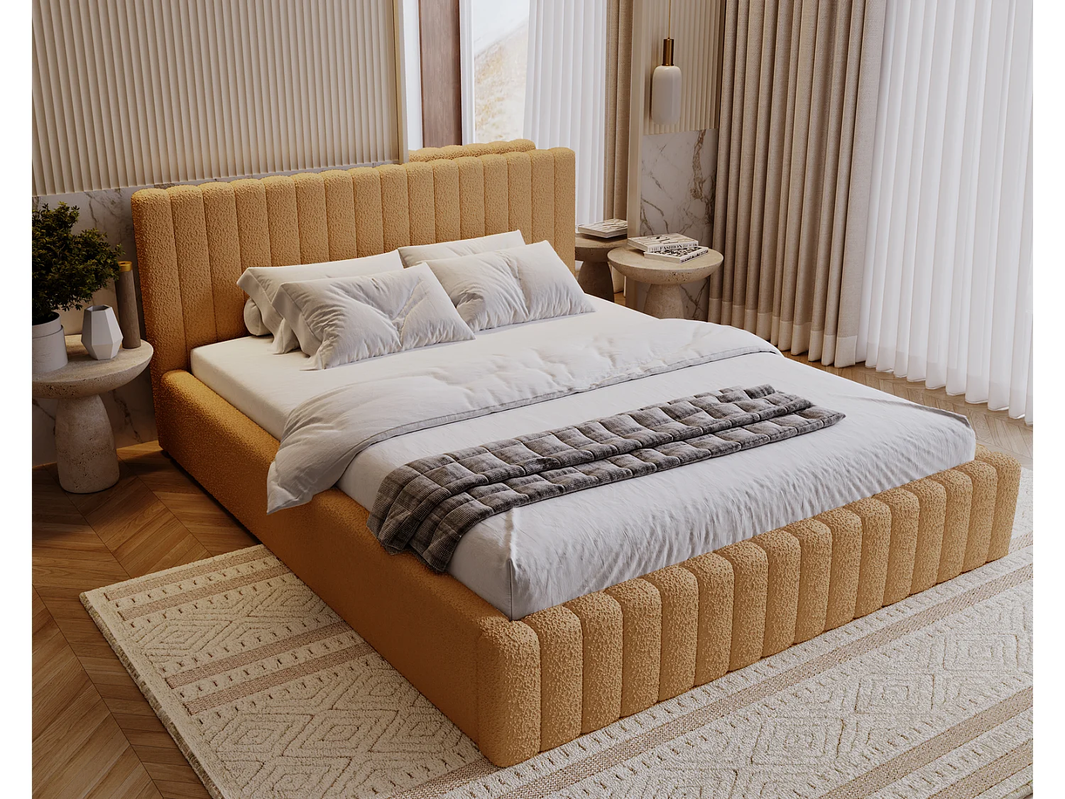 Emporius Lit Rembourré 140x200 cm Billo - lit double avec Rangement, Tête de Lit - Lit adulte, Chambre d'Adolescent - Bouclé Orange (Anthology 10)