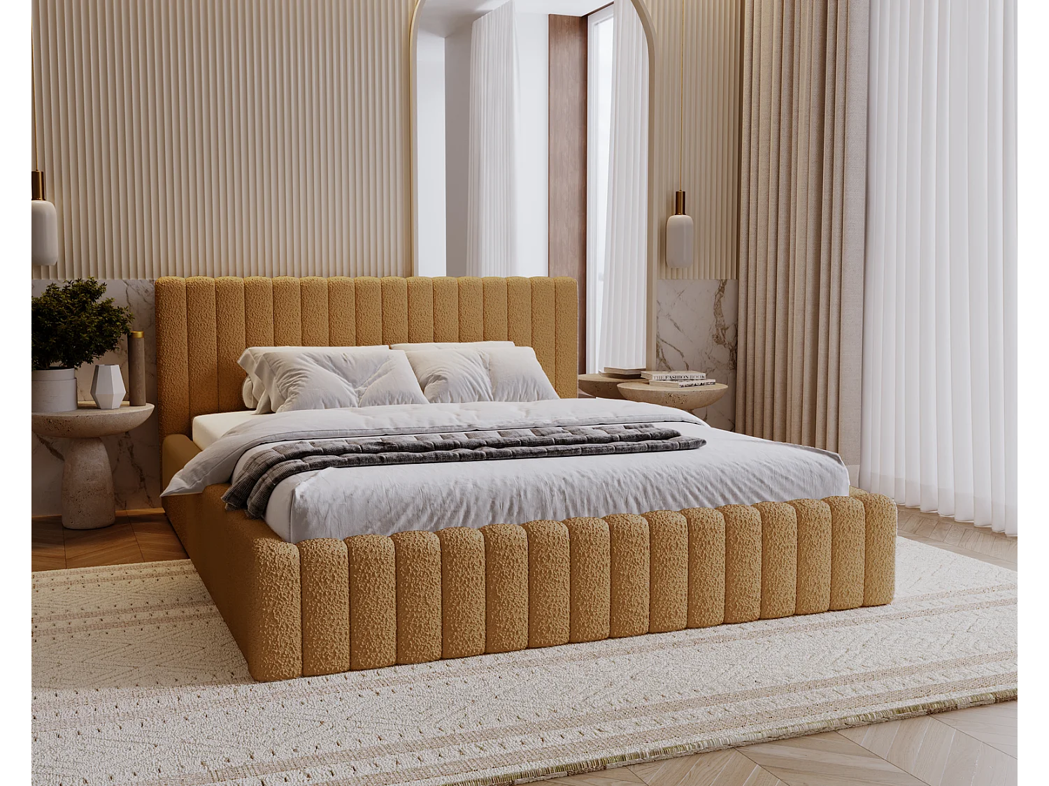 Emporius Polsterbett 140x200 cm Billo - Doppelbett mit Lattenrost und Kopfteil - Stauraum, Bettzeugkasten, Bettkasten - Boucle Orange (Anthology 10)