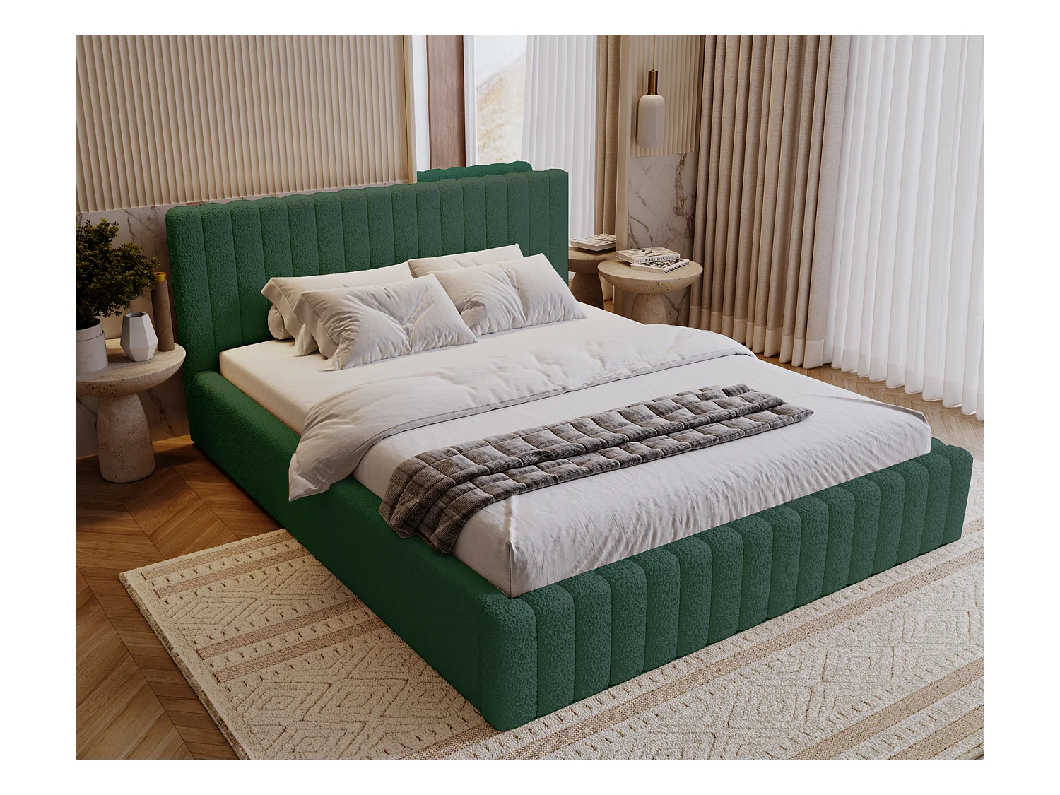 Emporius Gestoffeerd Bed 200x200 Billo - Lattenbodem, Opbergruimte, Beddengoedbox, Hoofdeinde, Bedframe - Tweepersoonsbed - Boucle Groen (Anthology 13)