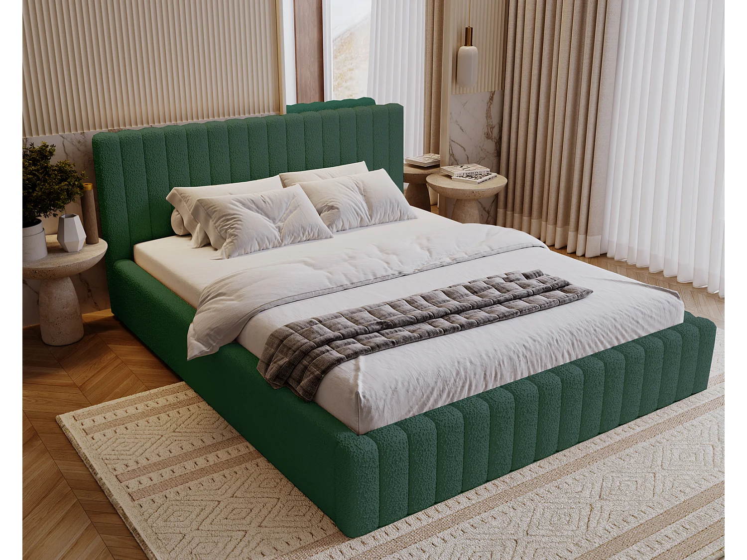 Emporius Lit Rembourré 200x200 cm Billo - lit double avec Rangement, Tête de Lit - Lit adulte, Chambre d'Adolescent - Bouclé Vert (Anthology 13)