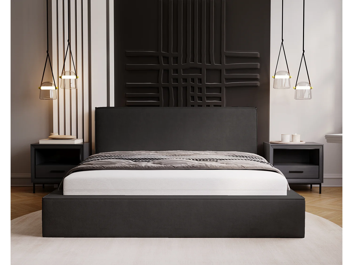 Emporius Lit double, lit adulte avec Rangement 160x200 cm Amare - Velour Noir (Komodo 23)