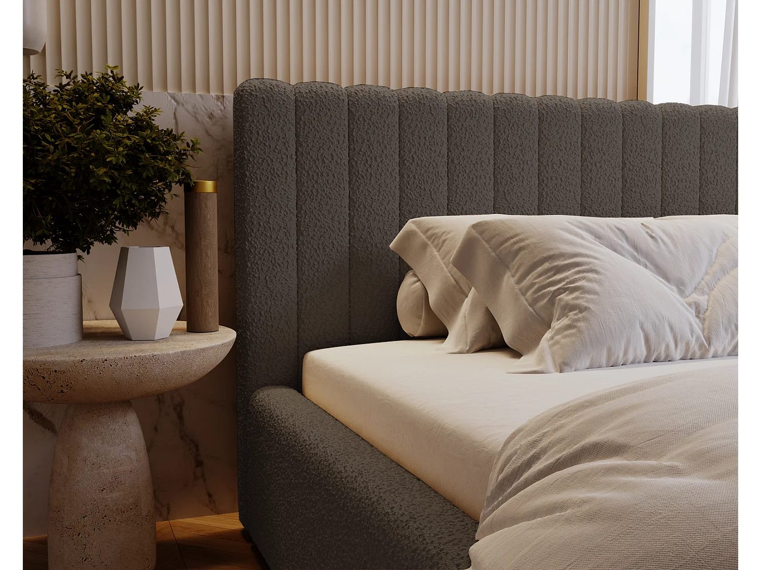 Emporius Gestoffeerd Bed 140x200 Billo - Lattenbodem, Opbergruimte, Beddengoedbox, Hoofdeinde, Bedframe - Tweepersoonsbed - Boucle Donkergrijs (Anthology 18)