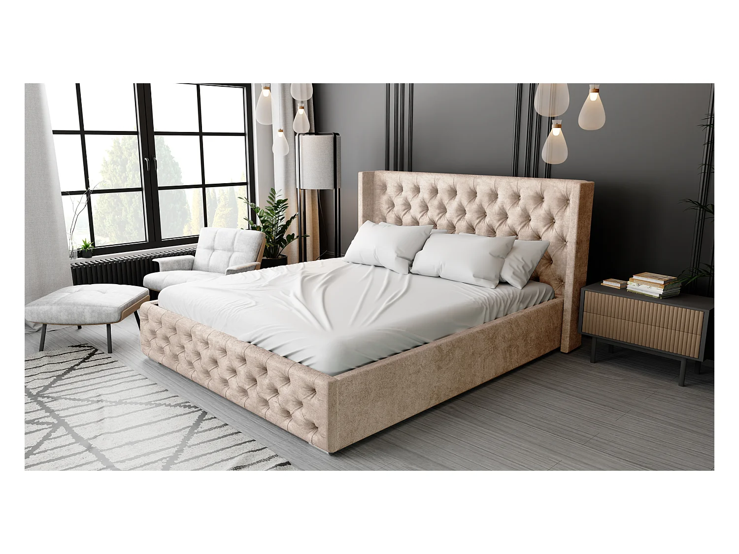 Emporius Lit adulte 160x200 Rolia - Lit double, capitonné - sommier à lattes, rangement, tête de lit - Velvet Beige (Paros 02)