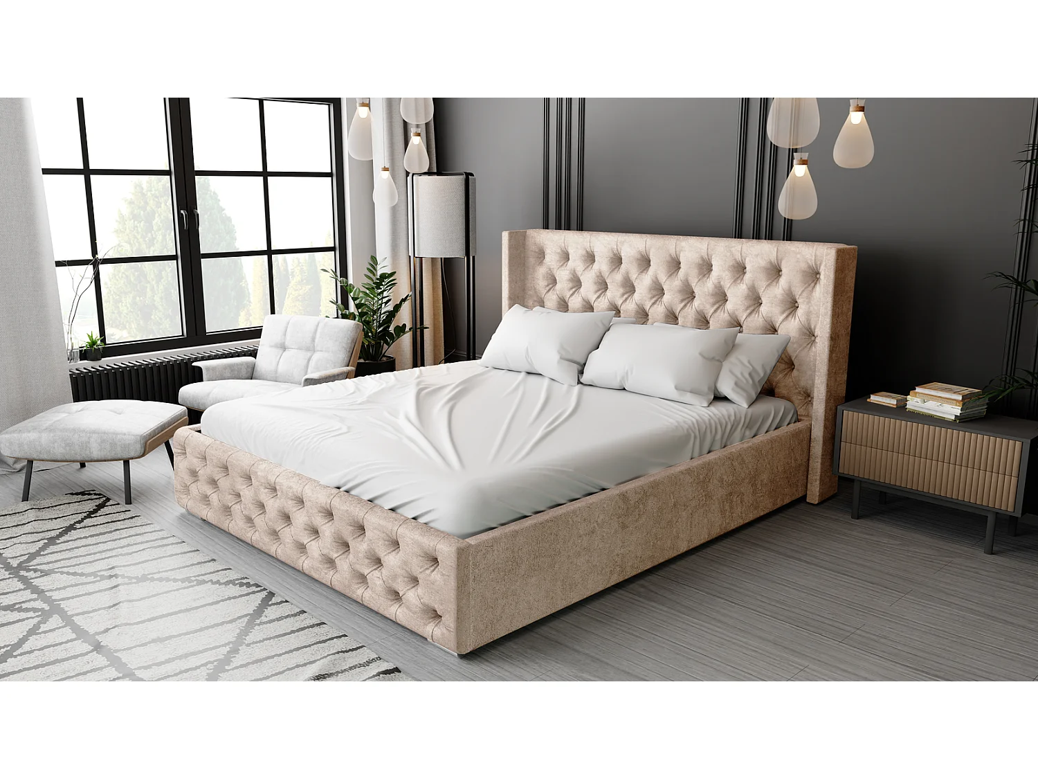 Emporius Lit adulte 160x200 Rolia - Lit double, capitonné - sommier à lattes, rangement, tête de lit - Velvet Beige (Paros 02)