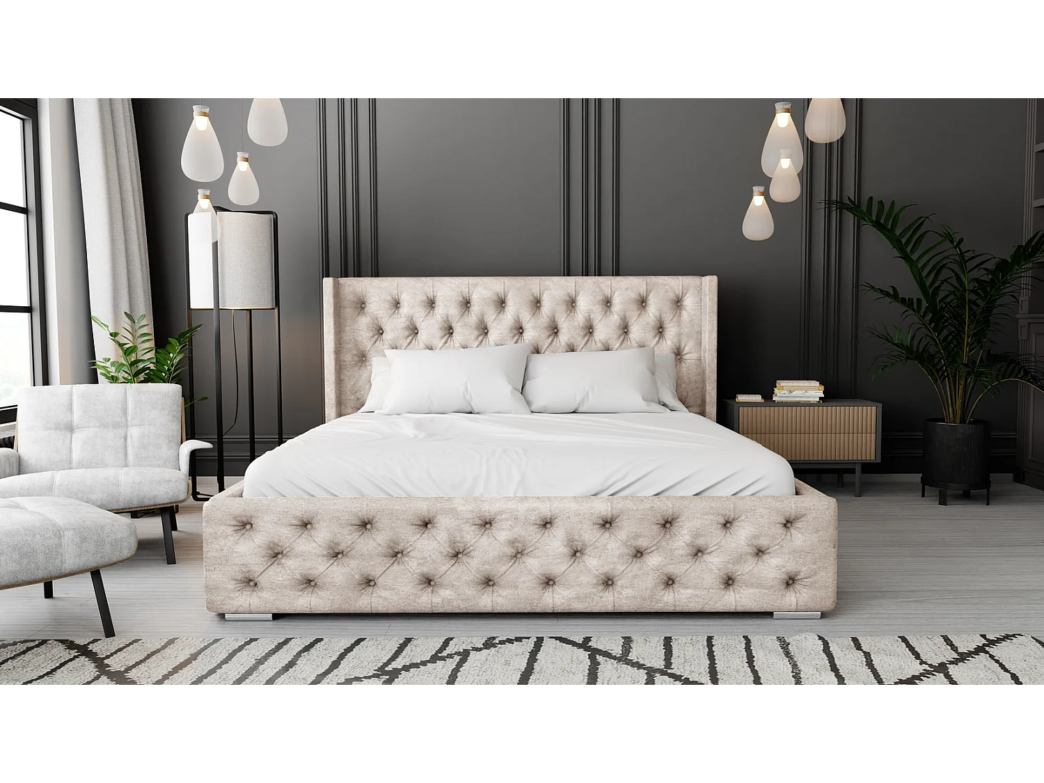 Emporius Lit adulte 160x200 Rolia - Lit double, capitonné - sommier à lattes, rangement, tête de lit - Velvet Beige (Paros 02)