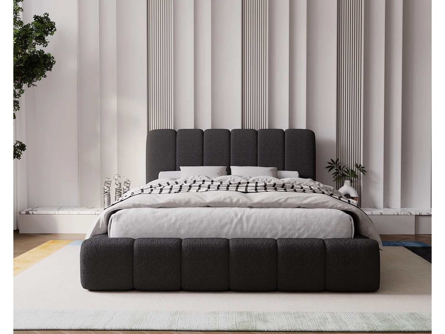 Emporius Lit coffre 140x200 Milan, Lit Rembourré avec Rangement - Lit bouclé Noir (Anthology 19)