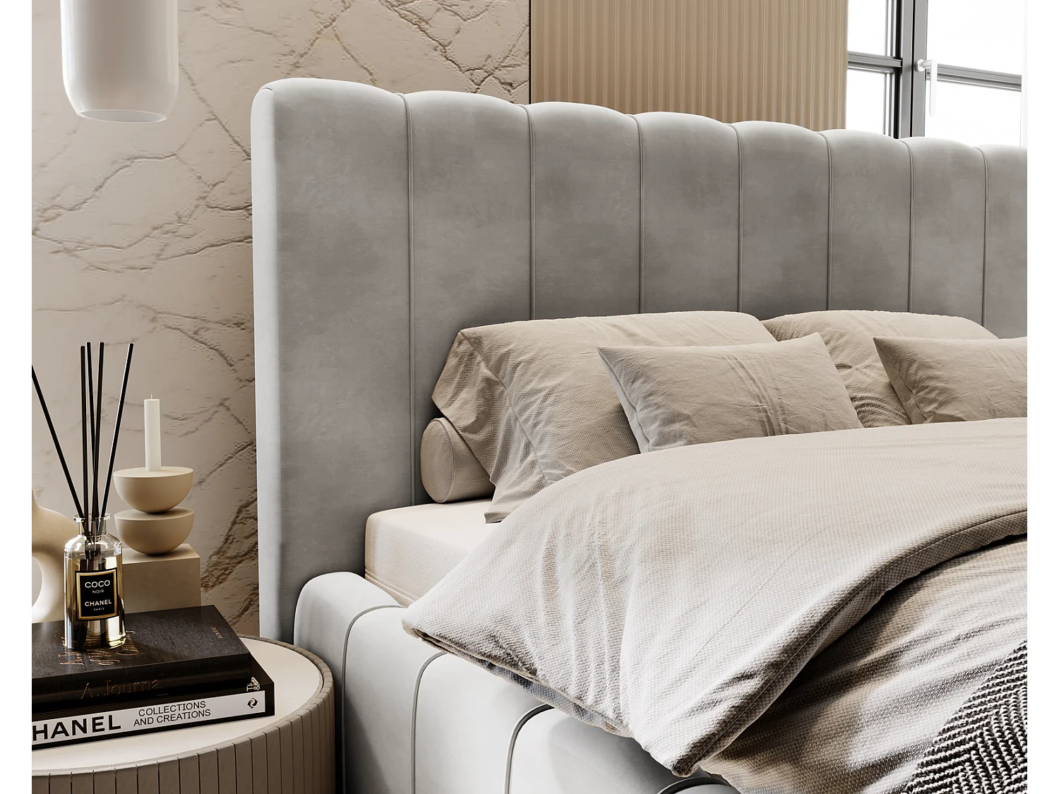 Emporius Lit Capitonné 140x200 Lisbon - Lit avec Sommier à Lattes, Rangement, Tête de Lit - Lit double velvet Gris clair (Magic Velvet 2218)