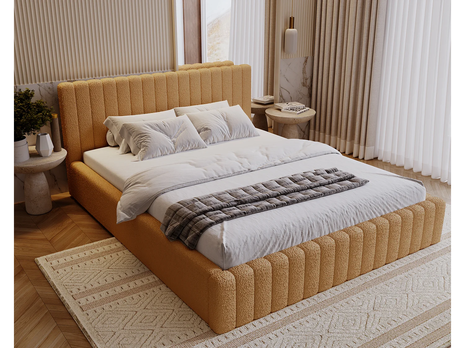 Emporius Polsterbett 160x200 cm Billo - Doppelbett mit Lattenrost und Kopfteil - Stauraum, Bettzeugkasten, Bettkasten - Boucle Orange (Anthology 10)