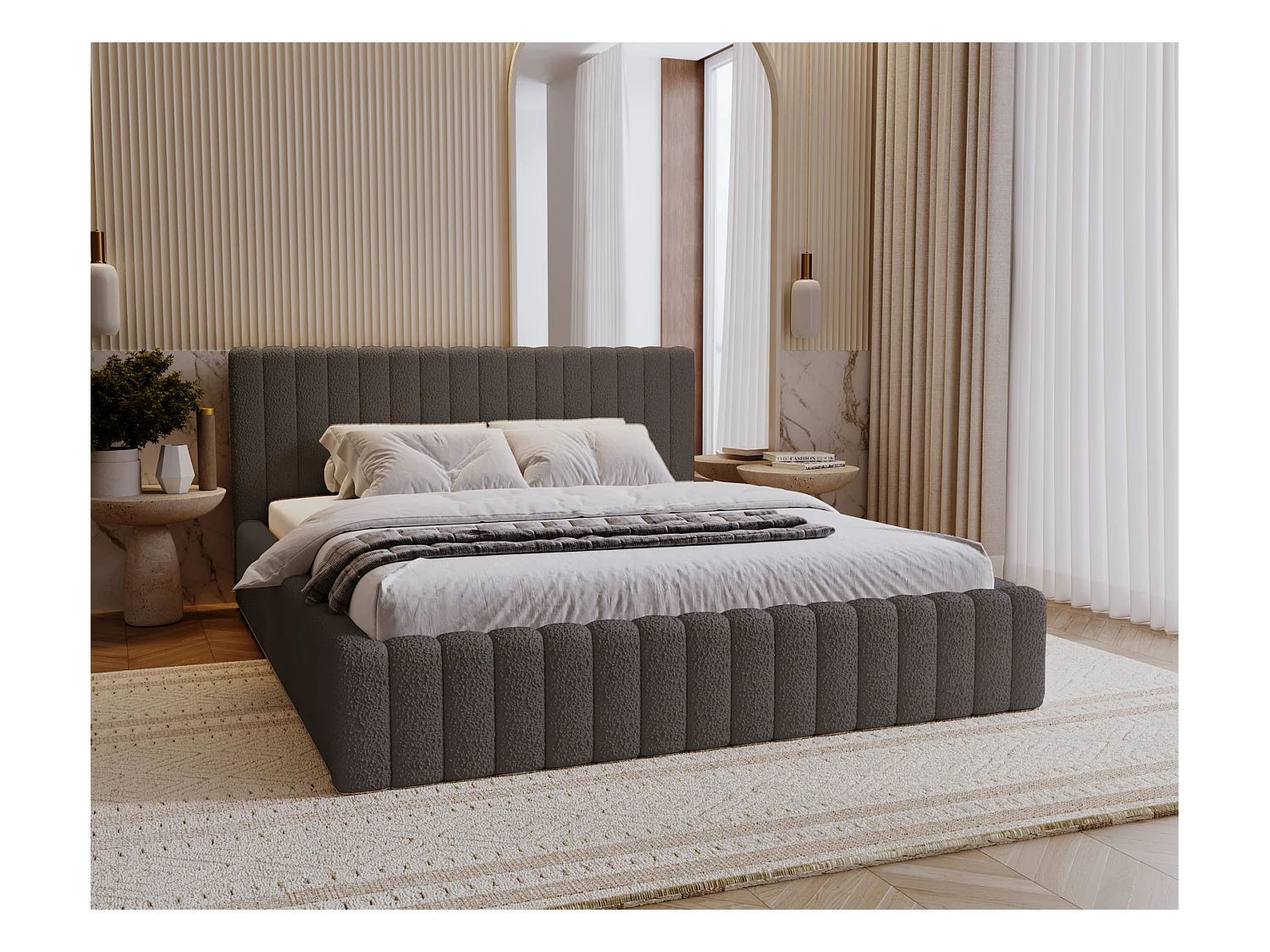 Emporius Lit Rembourré 200x200 cm Billo - lit double avec Rangement, Tête de Lit - Lit adulte, Chambre d'Adolescent - Bouclé Gris foncé (Anthology 18)