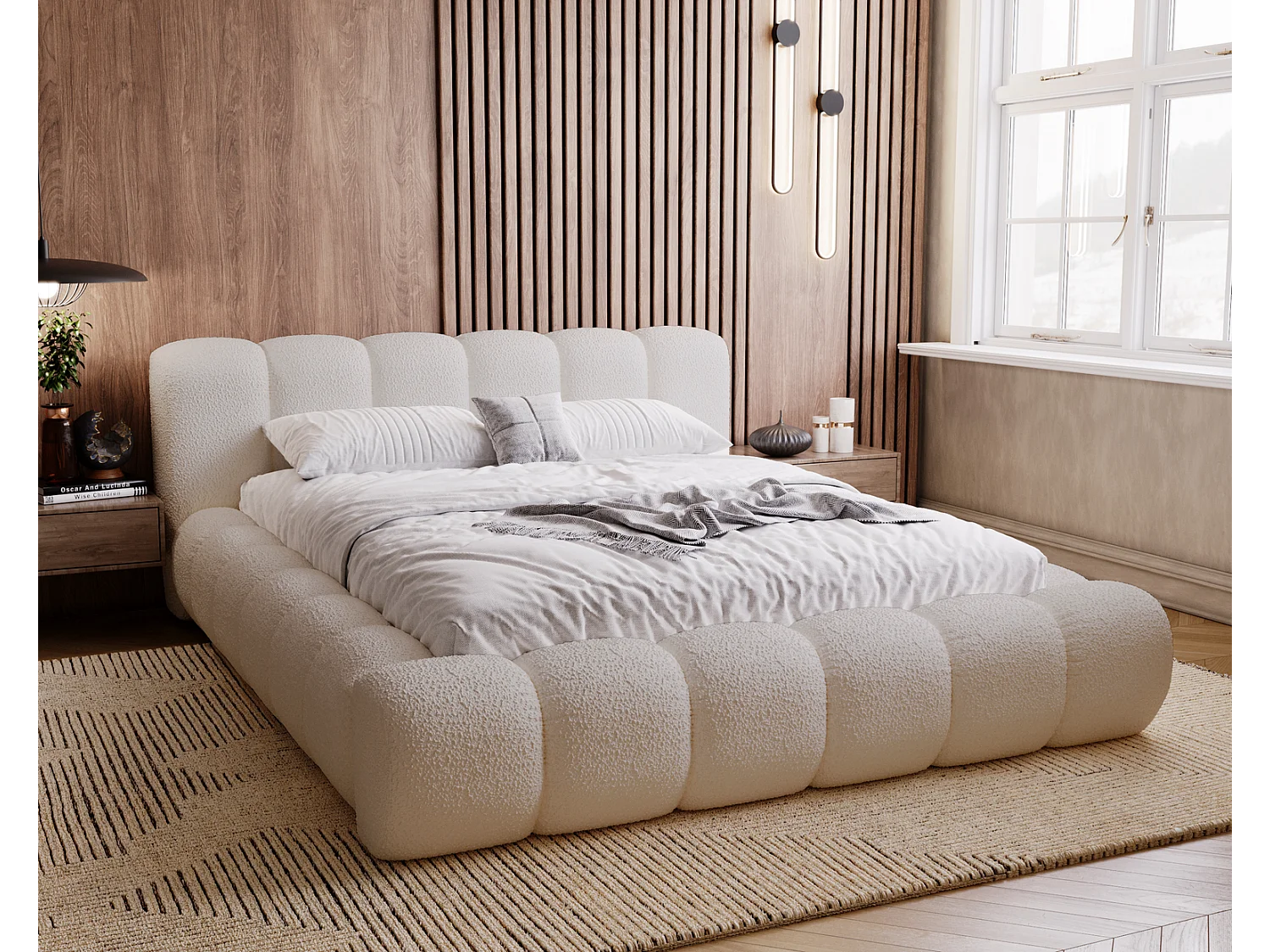 Emporius Lit Rembourré avec Rangement 160x200 Cloud -  Lit coffre, Sommier à Lattes - Lit adulte, Lit double 160x200, tissu bouclé - Beige (Anthology 3)