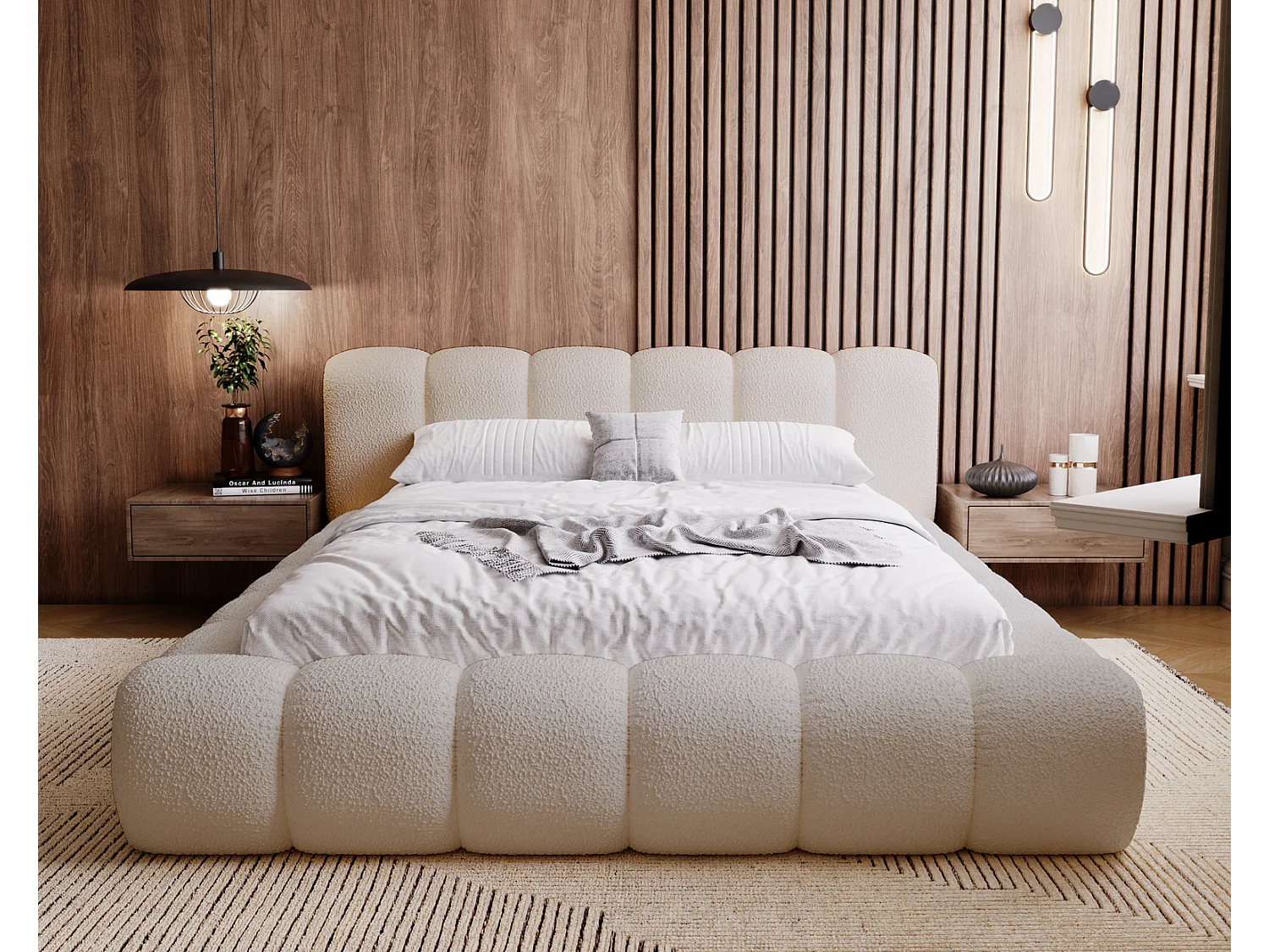 Emporius Lit Rembourré avec Rangement 160x200 Cloud -  Lit coffre, Sommier à Lattes - Lit adulte, Lit double 160x200, tissu bouclé - Beige (Anthology 3)