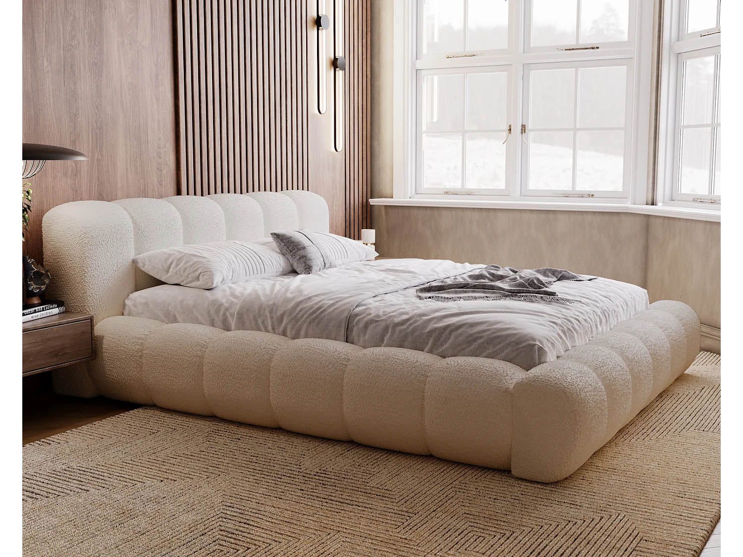 Emporius Lit Rembourré avec Rangement 160x200 Cloud -  Lit coffre, Sommier à Lattes - Lit adulte, Lit double 160x200, tissu bouclé - Beige (Anthology 3)
