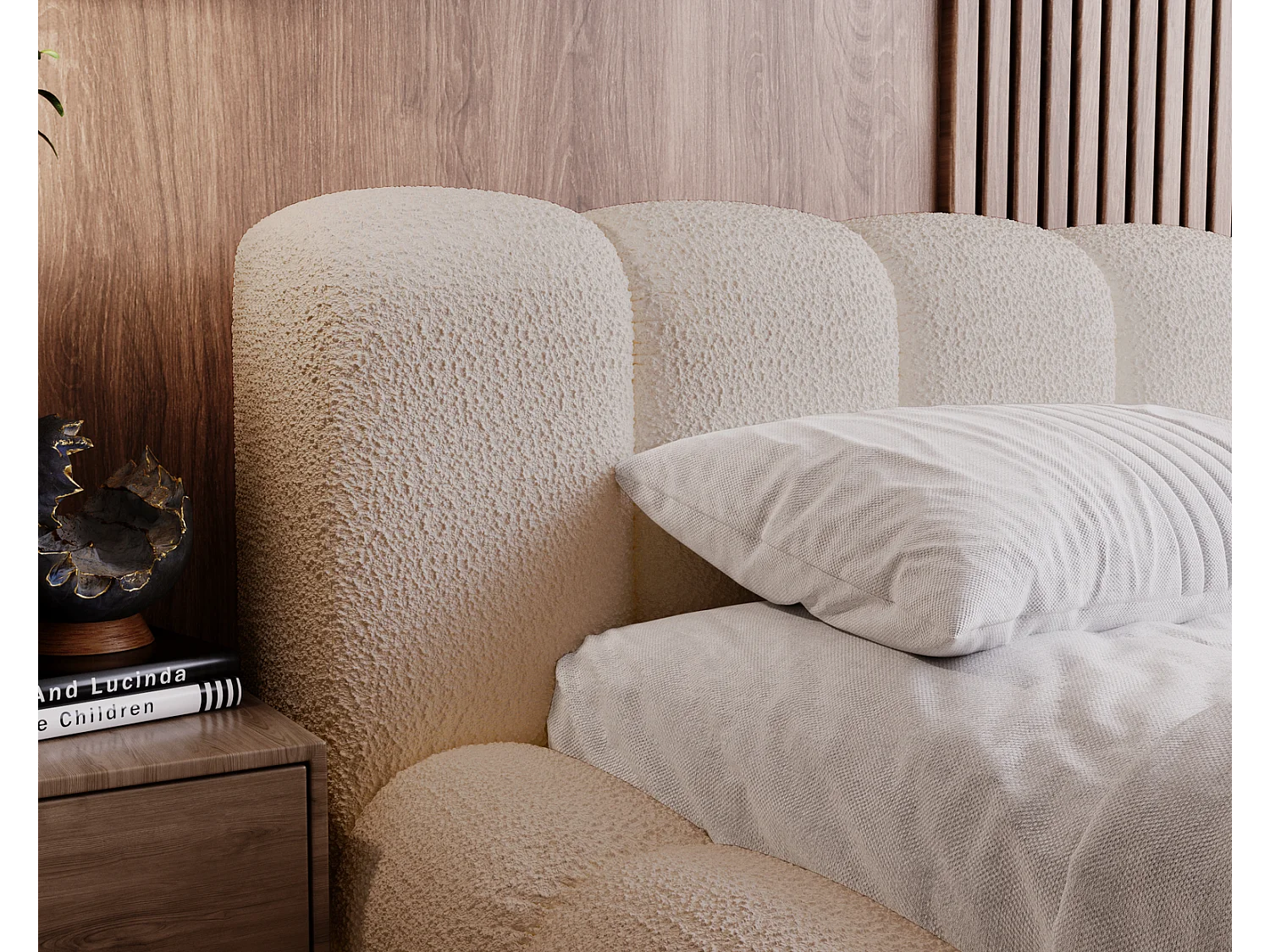 Emporius Lit Rembourré avec Rangement 160x200 Cloud -  Lit coffre, Sommier à Lattes - Lit adulte, Lit double 160x200, tissu bouclé - Beige (Anthology 3)