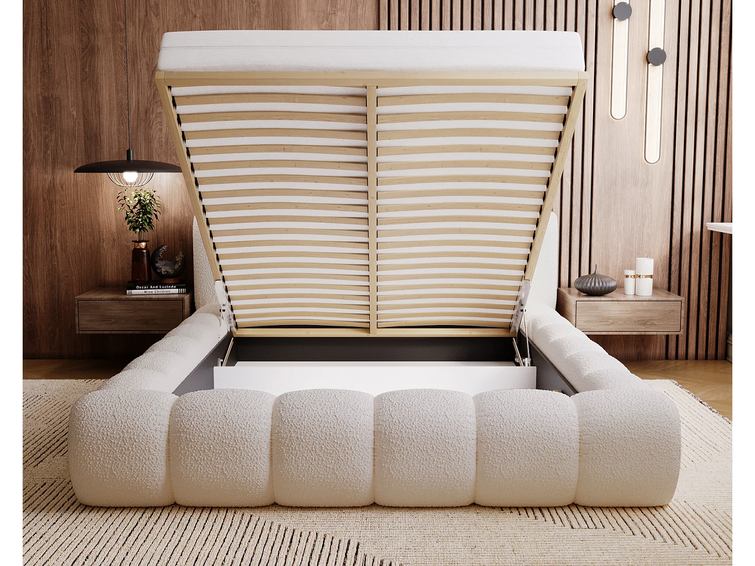Emporius Lit Rembourré avec Rangement 160x200 Cloud -  Lit coffre, Sommier à Lattes - Lit adulte, Lit double 160x200, tissu bouclé - Beige (Anthology 3)