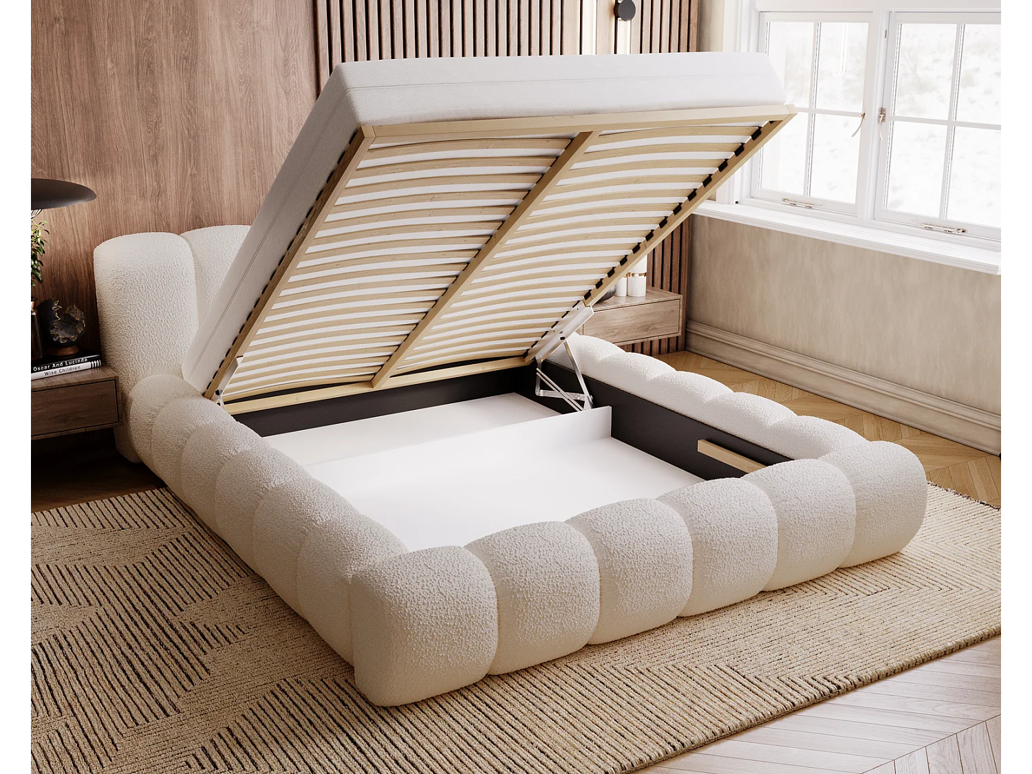 Emporius Lit Rembourré avec Rangement 160x200 Cloud -  Lit coffre, Sommier à Lattes - Lit adulte, Lit double 160x200, tissu bouclé - Beige (Anthology 3)