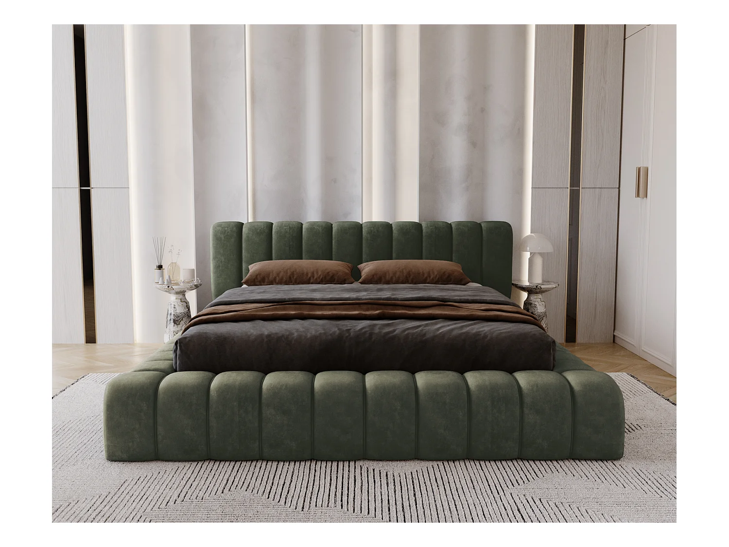 Emporius Lit avec Rangement 160x200cm Como, Lit capitonné, Lit adulte  - Mousse épaisse, tissu Velvet Vert (Whisper 11)