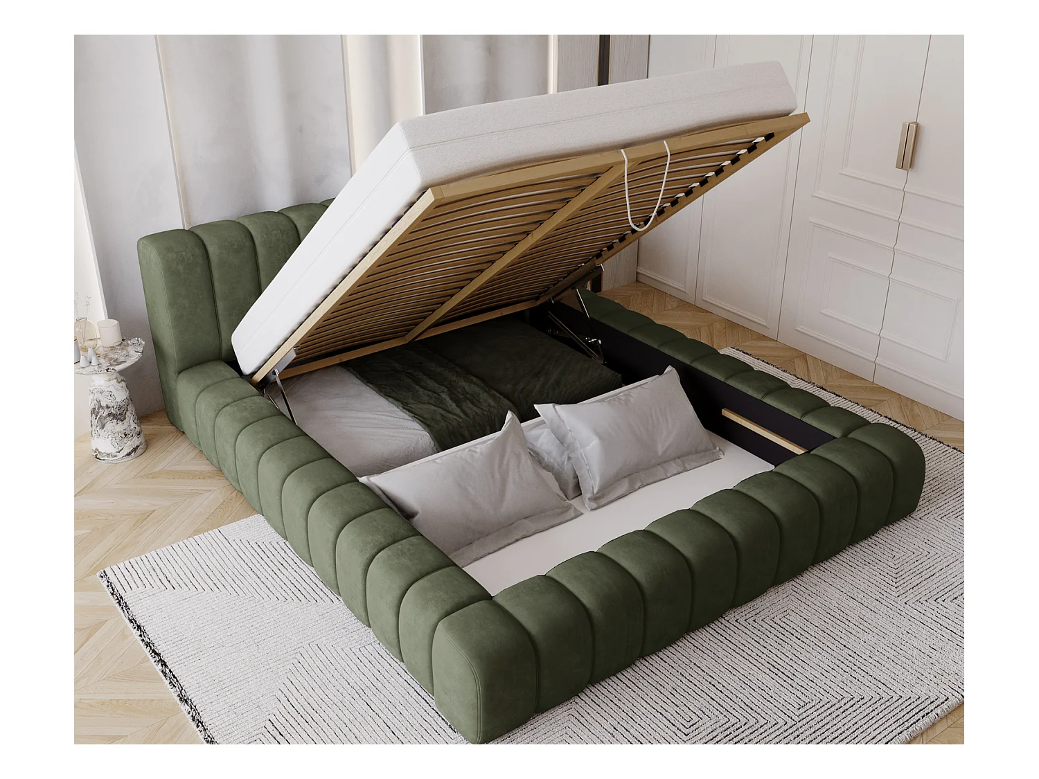 Emporius Lit avec Rangement 160x200cm Como, Lit capitonné, Lit adulte  - Mousse épaisse, tissu Velvet Vert (Whisper 11)