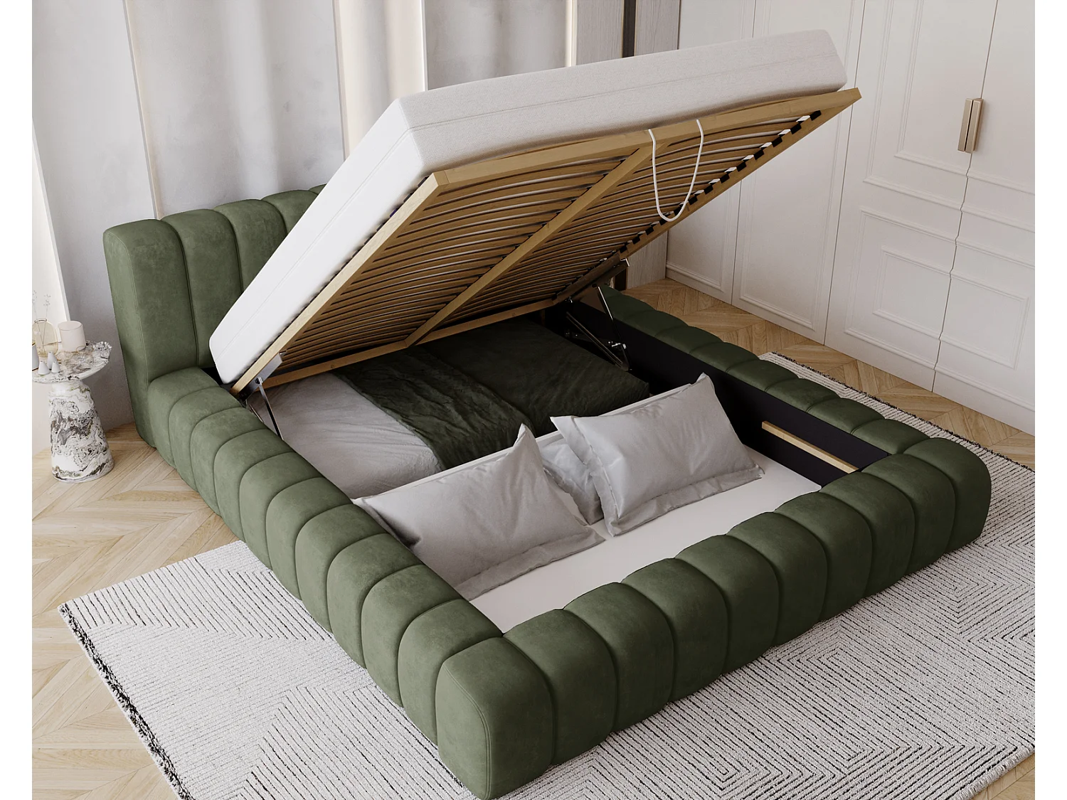 Emporius Lit avec Rangement 160x200cm Como, Lit capitonné, Lit adulte  - Mousse épaisse, tissu Velvet Vert (Whisper 11)