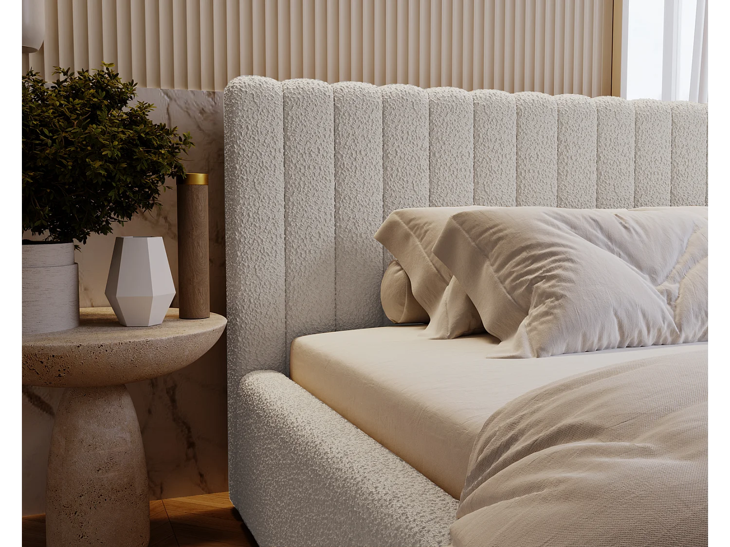 Emporius Polsterbett 140x200 cm Billo - Doppelbett mit Lattenrost und Kopfteil - Stauraum, Bettzeugkasten, Bettkasten - Boucle Hellgrau (Anthology 15)