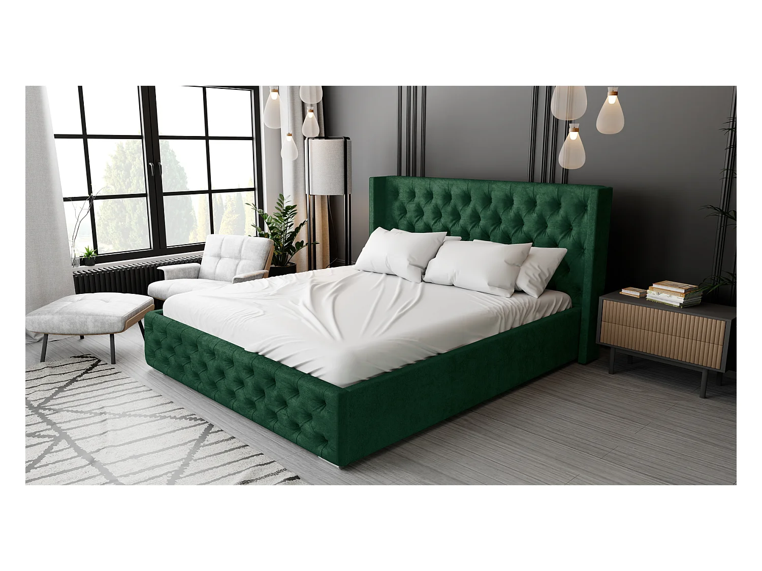 Emporius Lit adulte 140x200 Rolia - Lit double, capitonné - sommier à lattes, rangement, tête de lit - Velvet Vert (Kronos 19)