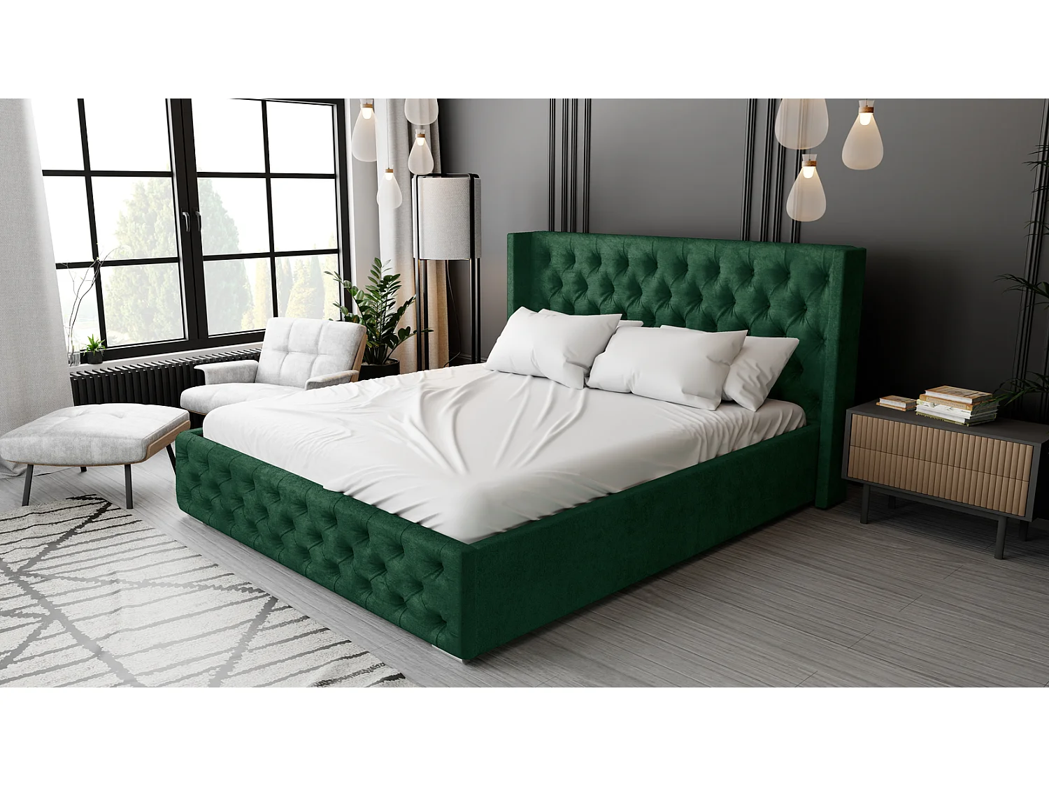 Emporius Lit adulte 140x200 Rolia - Lit double, capitonné - sommier à lattes, rangement, tête de lit - Velvet Vert (Kronos 19)