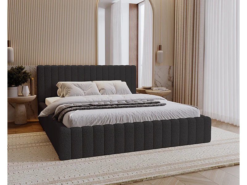 Emporius Gestoffeerd Bed 180x200 Billo - Lattenbodem, Opbergruimte, Beddengoedbox, Hoofdeinde, Bedframe - Tweepersoonsbed - Boucle Zwart (Anthology 19)