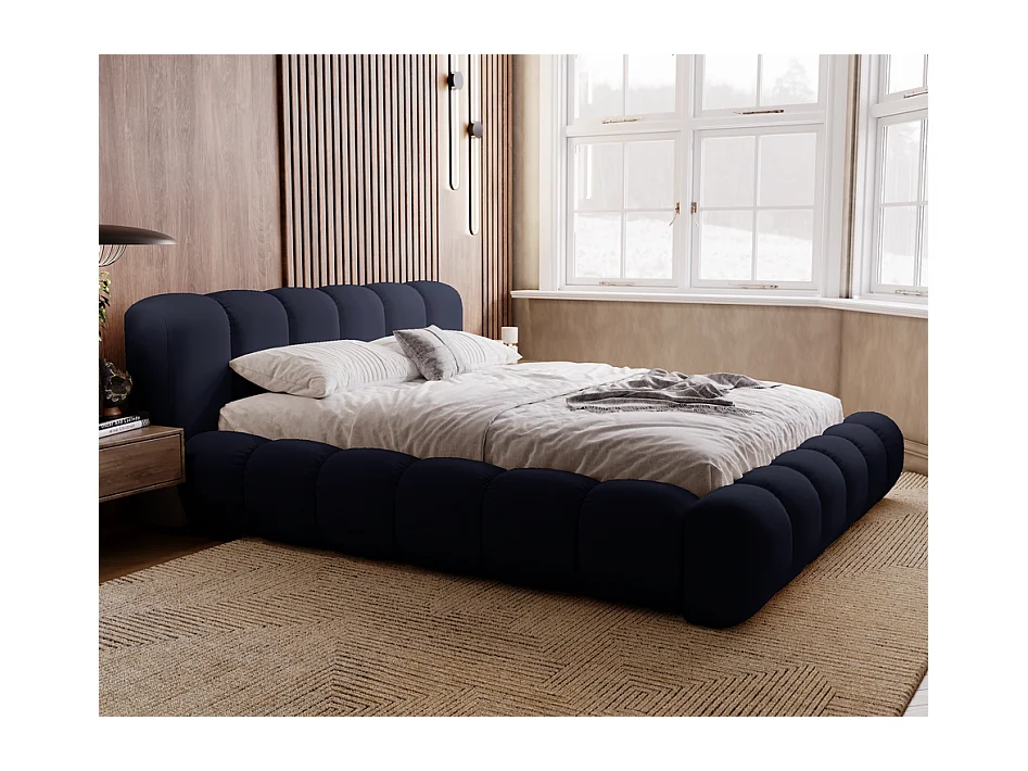 Emporius Lit avec sommier 160x200 Cloud - Lit rembourré, Lit adulte - Lit double avec Rangement, tête de lit - Velvet Bleu foncé (Jupiter 70)