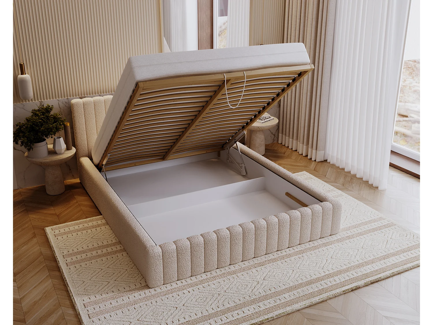 Emporius Gestoffeerd Bed 140x200 Billo - Lattenbodem, Opbergruimte, Beddengoedbox, Hoofdeinde, Bedframe - Tweepersoonsbed - Boucle Beige (Anthology 3)