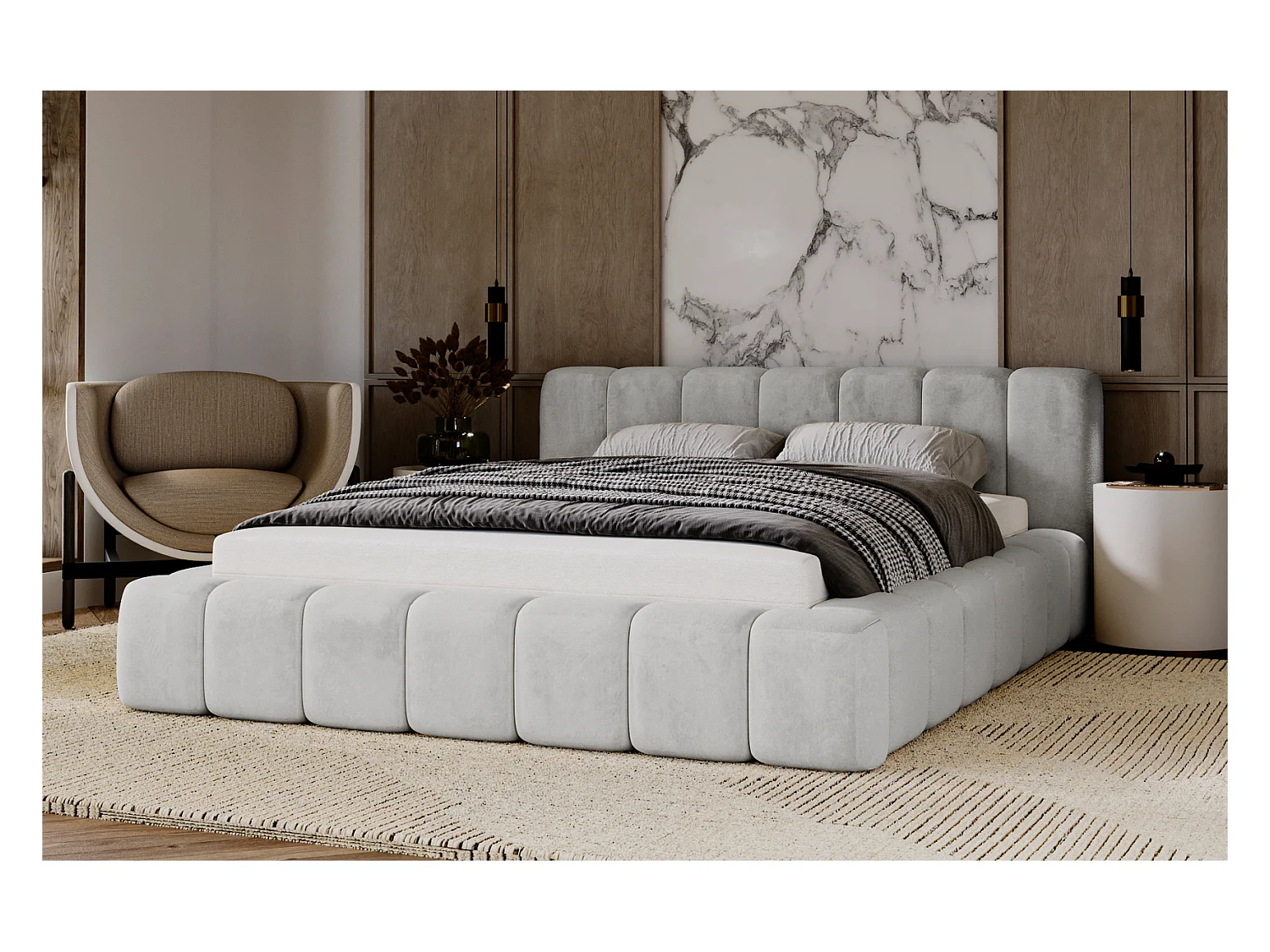 Emporius Lit rembourré 160x200 Bolonia - Lit adulte, lit capitonné, Lit double avec Rangement - Gris clair (Magic Velvet 2218)