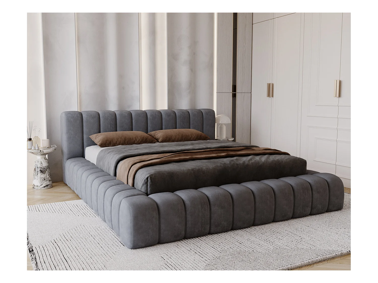 Emporius Lit avec Rangement 160x200cm Como, Lit capitonné, Lit adulte  - Mousse épaisse, tissu Velvet Gris foncé (Whisper 15)