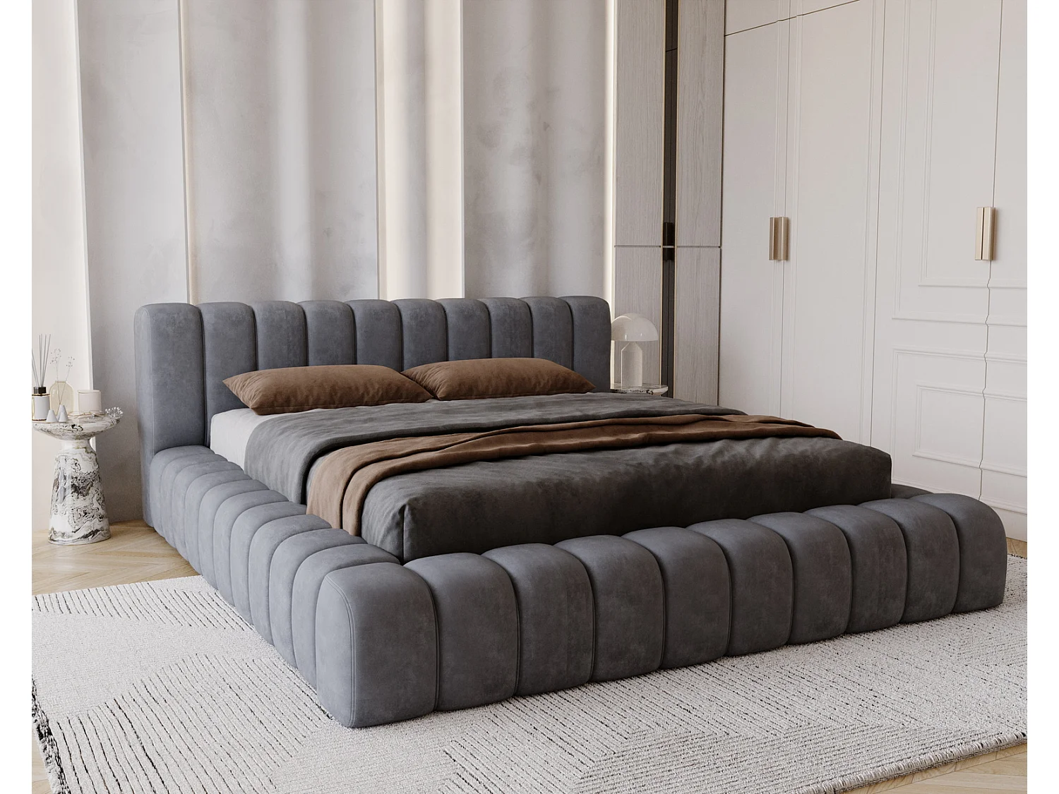 Emporius Lit avec Rangement 160x200cm Como, Lit capitonné, Lit adulte  - Mousse épaisse, tissu Velvet Gris foncé (Whisper 15)
