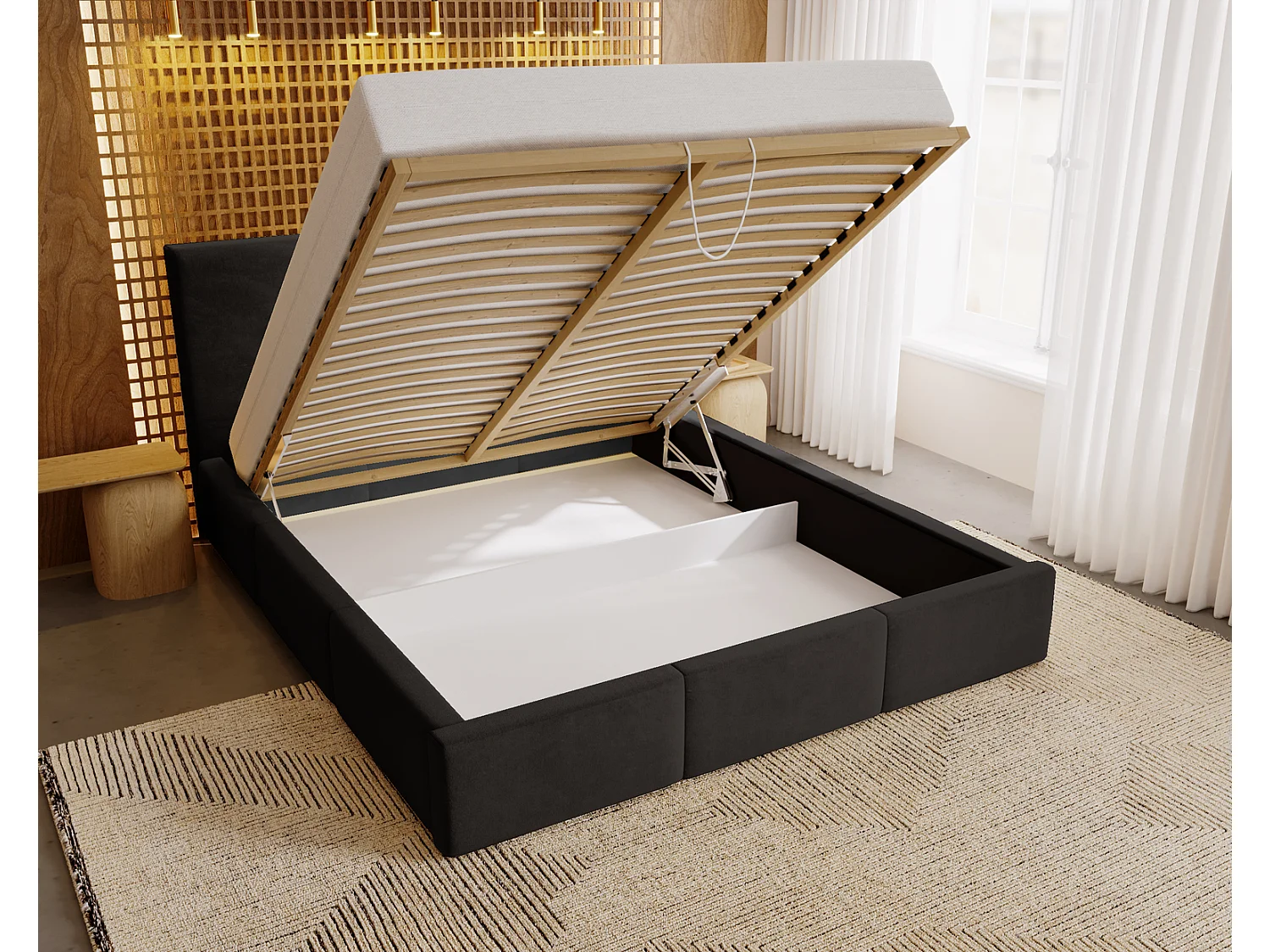 Emporius Lit 140x200 Lary - Lit avec rangement, Lit adulte rembourré - sommier à Lattes, tissu velours Noir (Magic Velvet 2219)