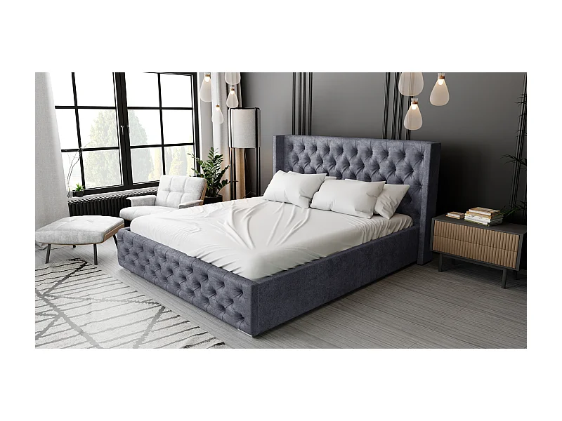 Emporius Lit adulte 160x200 Rolia - Lit double, capitonné - sommier à lattes, rangement, tête de lit - Velvet Gris foncé (Paros 06)