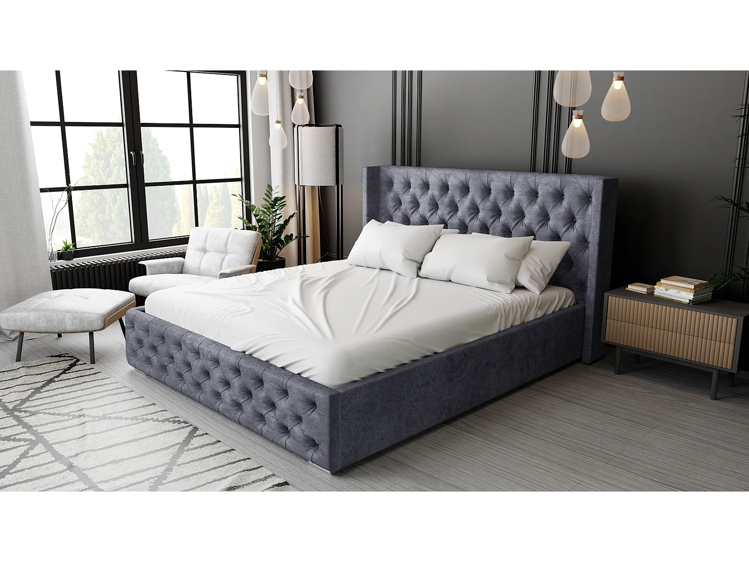 Emporius Polsterbett mit Lattenrost 160x200 Rolia - Doppelbett, Stauraum, Kopfteil - Schlafzimmer, Bettkasten - Velvet Dunkelgrau (Paros 06)