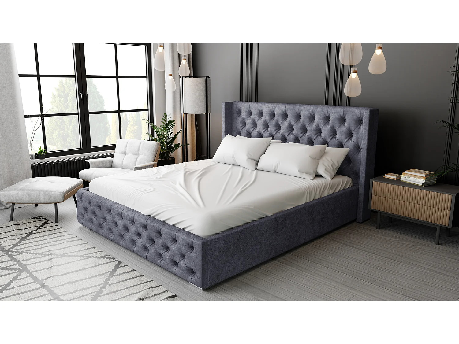 Emporius Lit adulte 160x200 Rolia - Lit double, capitonné - sommier à lattes, rangement, tête de lit - Velvet Gris foncé (Paros 06)