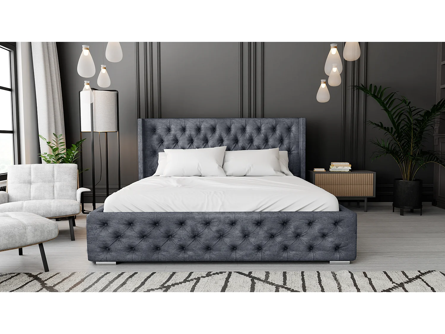 Emporius Lit adulte 160x200 Rolia - Lit double, capitonné - sommier à lattes, rangement, tête de lit - Velvet Gris foncé (Paros 06)