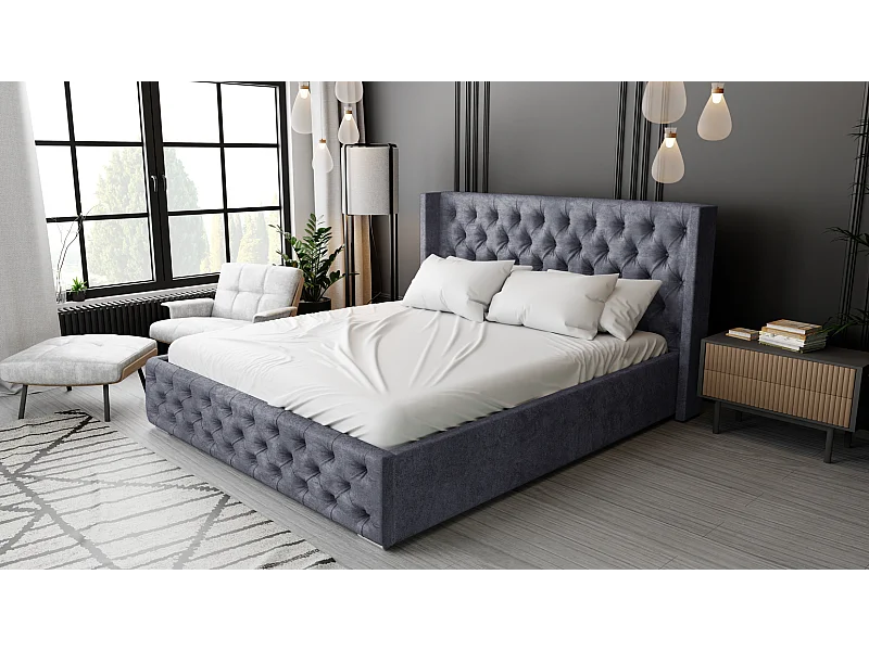 Emporius Tweepersoonsbed 160x200 Rolia - gestoffeerd bed met opbergruimte, Slaapkamer, Tienerkamer - Fluweel Donkergrijs (Paros 06)