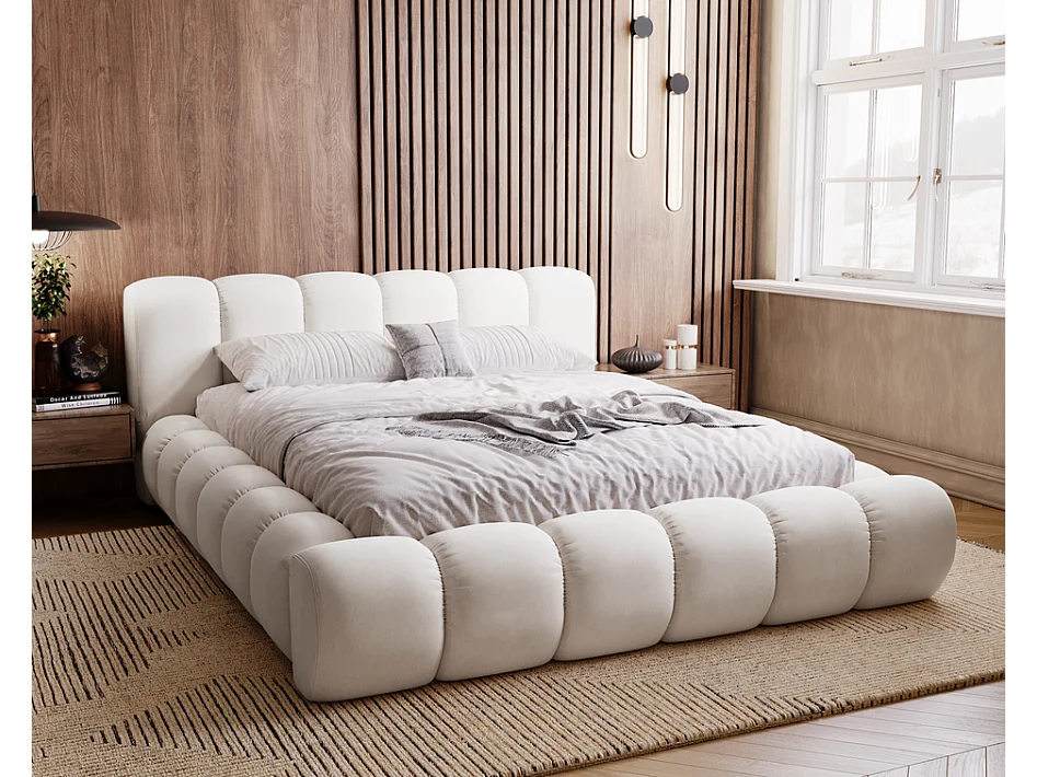 Emporius Lit avec sommier 180x200 Cloud - Lit rembourré, Lit adulte - Lit double avec Rangement, tête de lit - Velvet Crème (Jupiter 10)