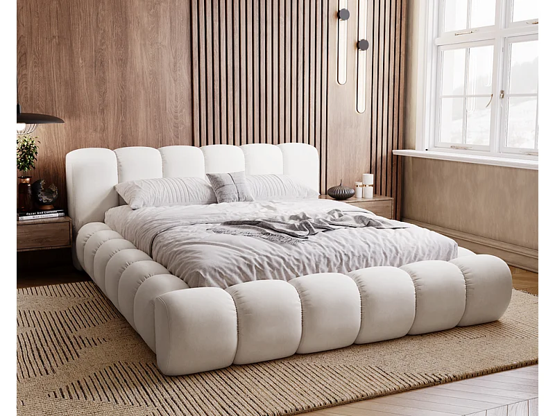 Emporius gestoffeerd bed 180x200 Cloud - Gestoffeerd Hoofdeinde, Lattenbodem, Opbergruimte - Tweepersoonsbed Fluweel - Crème (Jupiter 10)