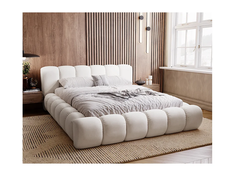 Emporius Lit avec sommier 160x200 Cloud - Lit rembourré, Lit adulte - Lit double avec Rangement, tête de lit - Velvet Crème (Jupiter 10)