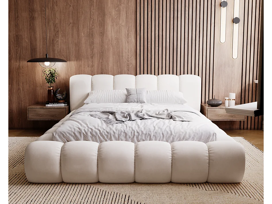 Emporius gestoffeerd bed 160x200 Cloud - Gestoffeerd Hoofdeinde, Lattenbodem, Opbergruimte - Tweepersoonsbed Fluweel - Crème (Jupiter 10)