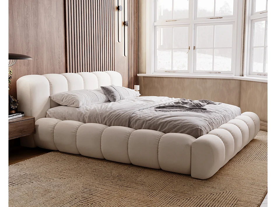 Emporius Lit avec sommier 160x200 Cloud - Lit rembourré, Lit adulte - Lit double avec Rangement, tête de lit - Velvet Crème (Jupiter 10)