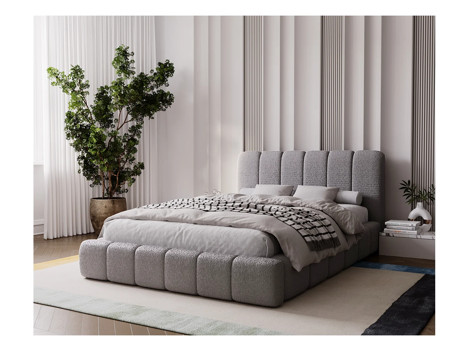 Emporius Lit coffre 200x200 Milan, Lit Rembourré avec Rangement - Lit bouclé Gris clair (Anthology 15)