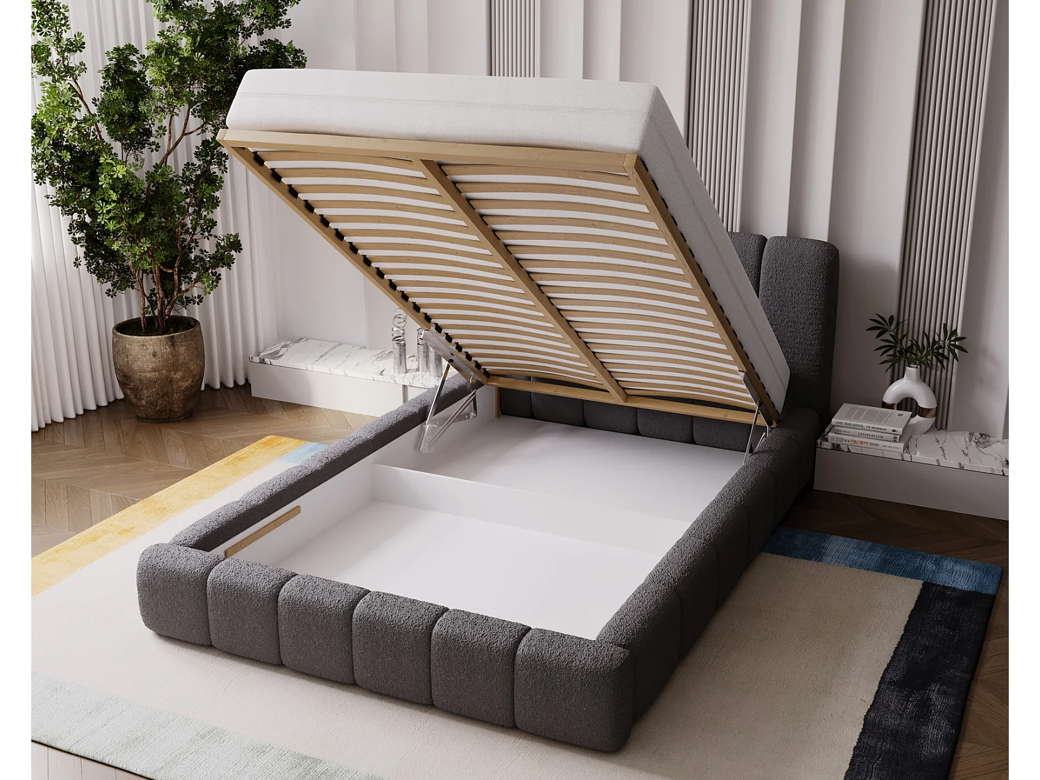 Emporius Lit coffre 200x200 Milan, Lit Rembourré avec Rangement - Lit bouclé Gris clair (Anthology 15)