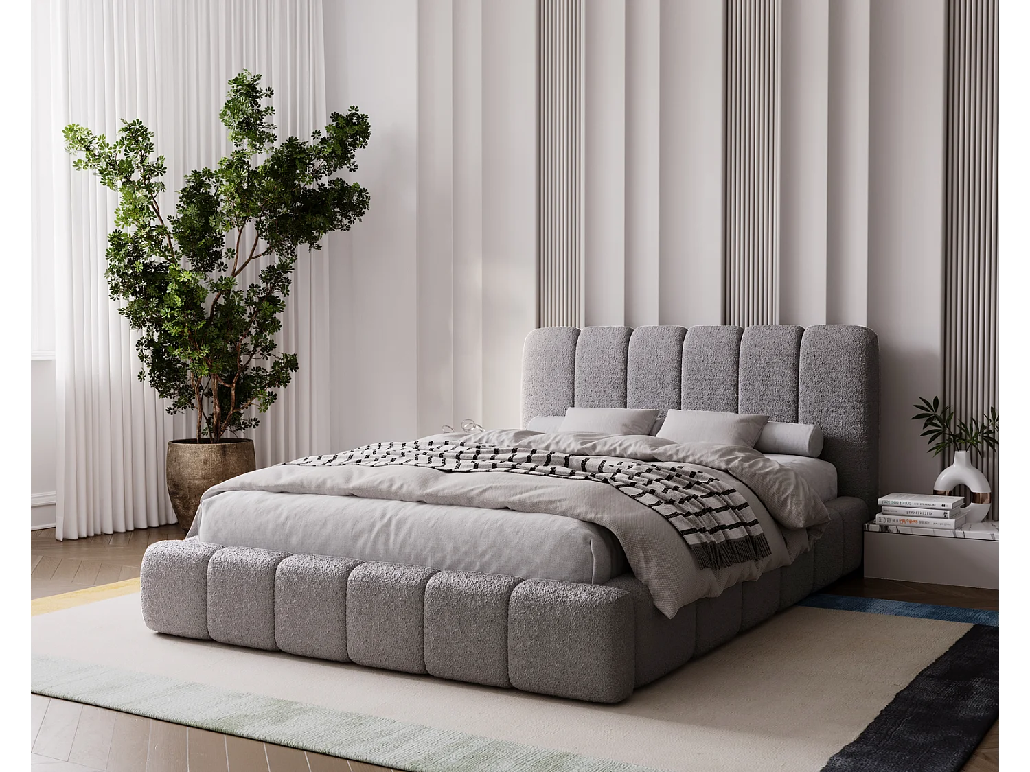 Emporius bed 200x200 Milan Bouclé - opbergruimte, lattenbodem, bedlade - tweepersoonsbed Bouclé - Lichtgrijs (Anthology 15)