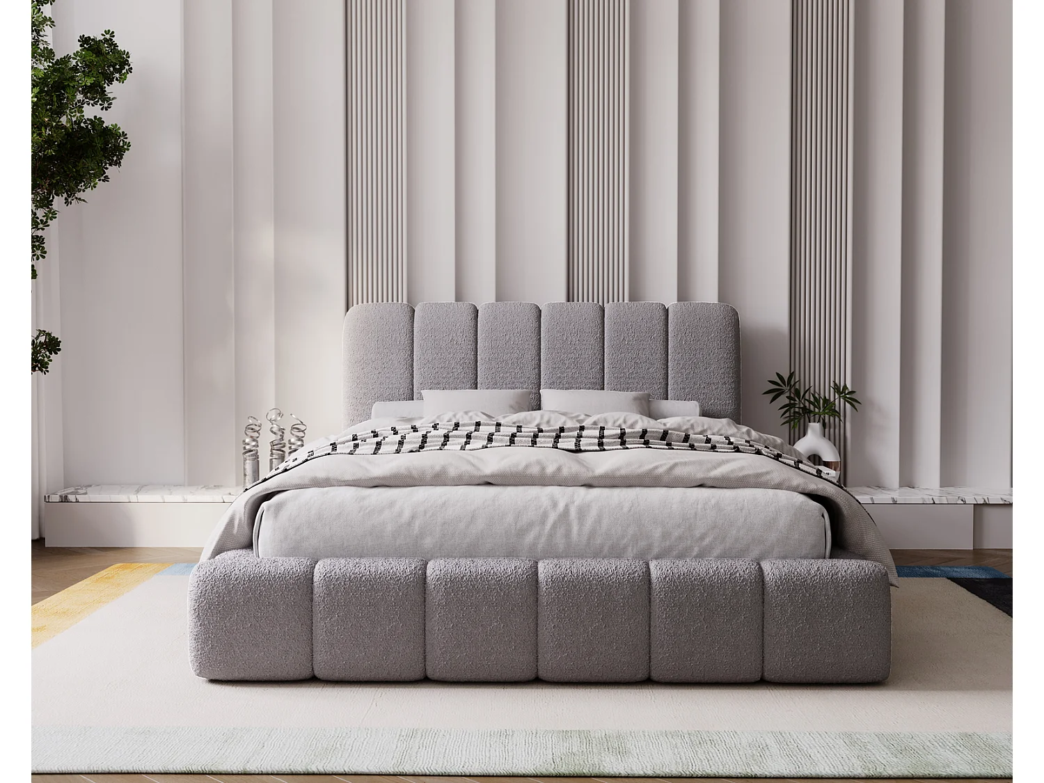 Emporius Lit coffre 200x200 Milan, Lit Rembourré avec Rangement - Lit bouclé Gris clair (Anthology 15)