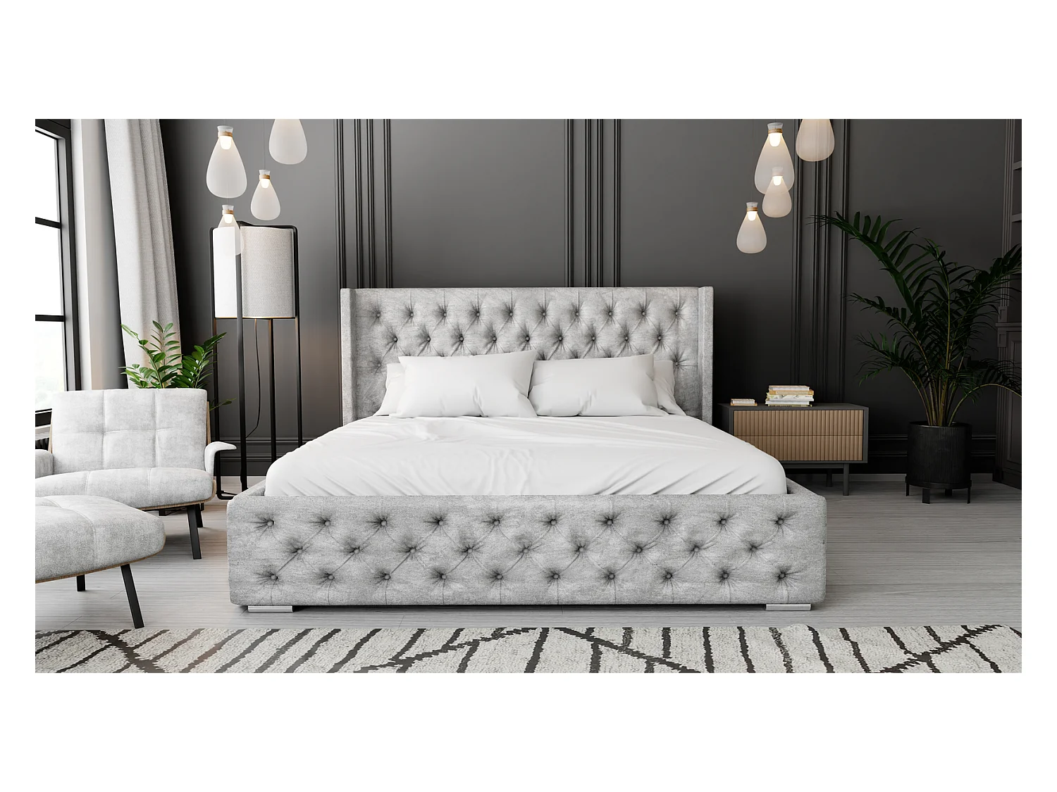 Emporius Lit adulte 200x200 Rolia - Lit double, capitonné - sommier à lattes, rangement, tête de lit - Velvet Gris (Paros 05)