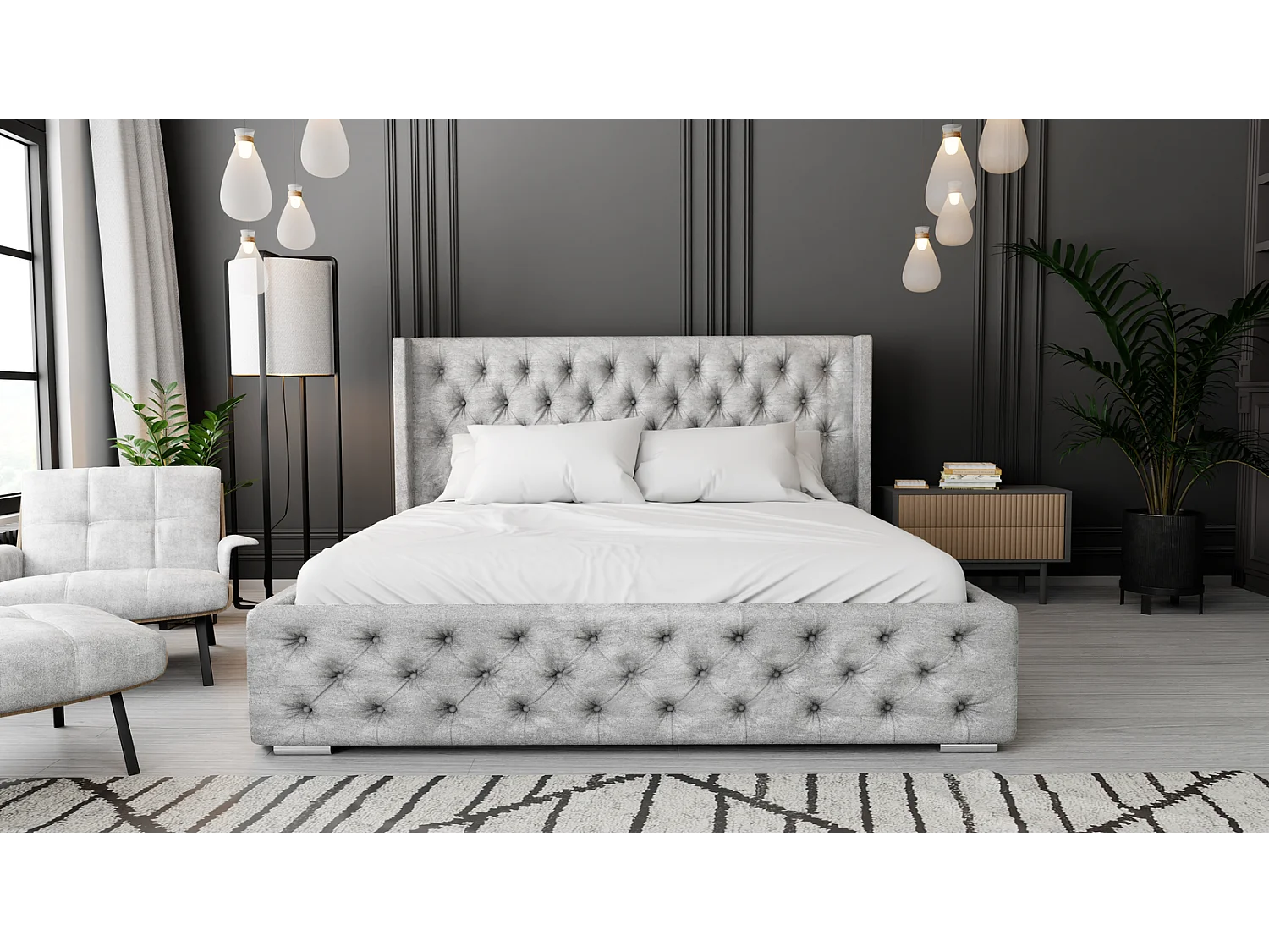 Emporius Tweepersoonsbed 200x200 Rolia - gestoffeerd bed met opbergruimte, Slaapkamer, Tienerkamer - Fluweel Grijs (Paros 05)